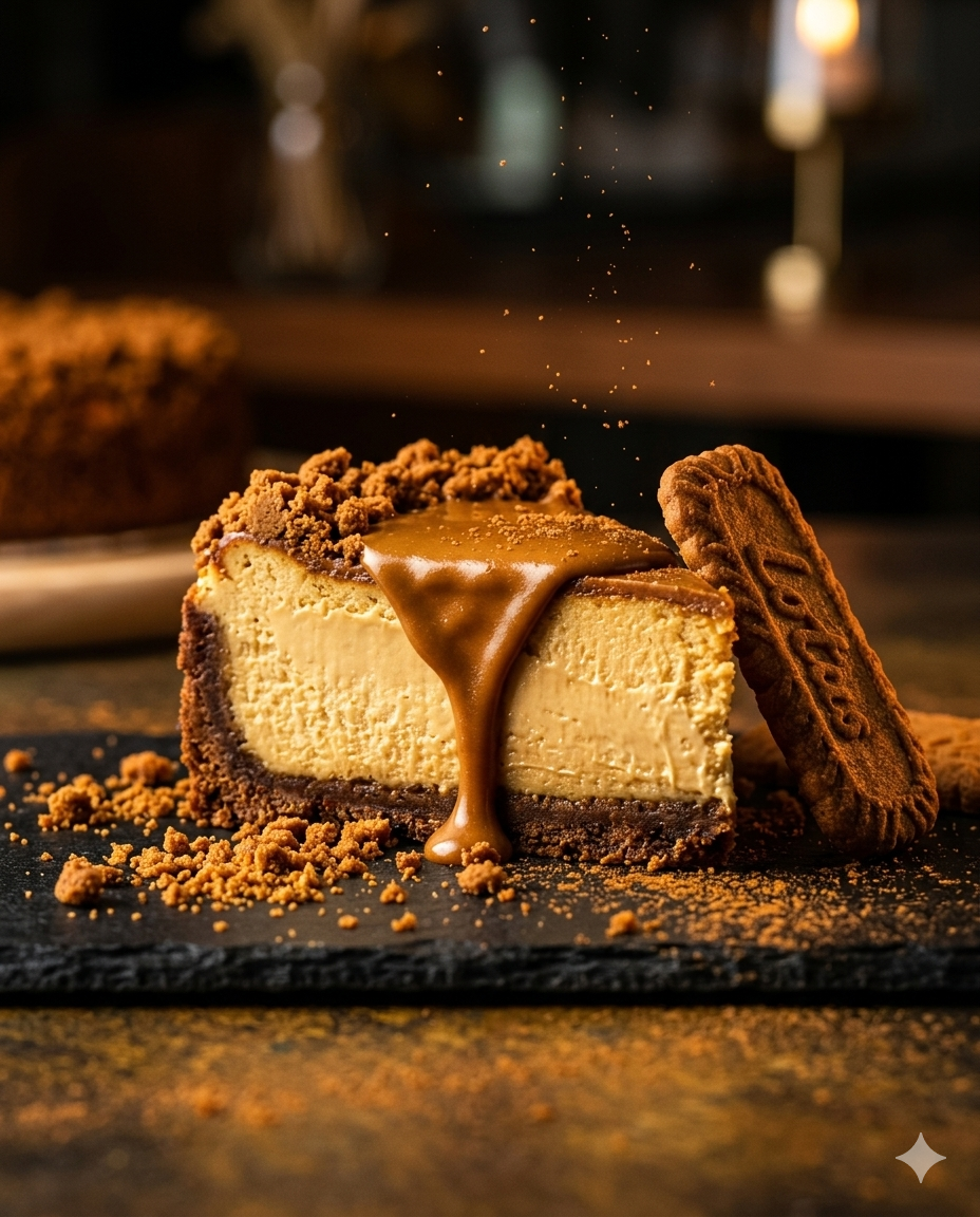 Cheesecake spéculos 10 parts, fondant au caramel, sablé breton, pâtisserie artisanale Nimara Genève