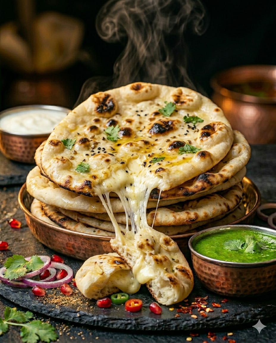 Naan au fromage fondant, cuit au tandoor, traiteur indien Nimara Genève