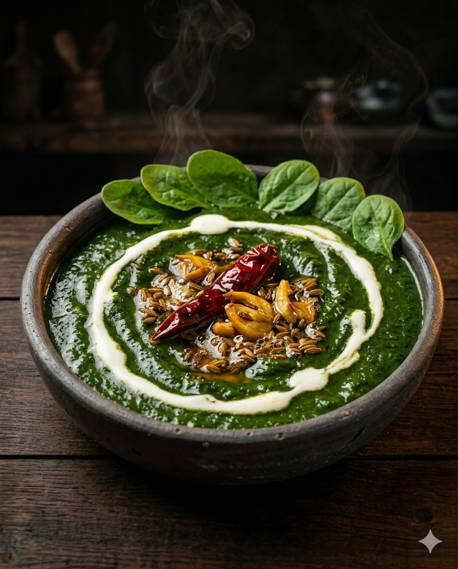 Saag aloo aux épinards et pommes de terre, plat indien végétarien Nimara Genève