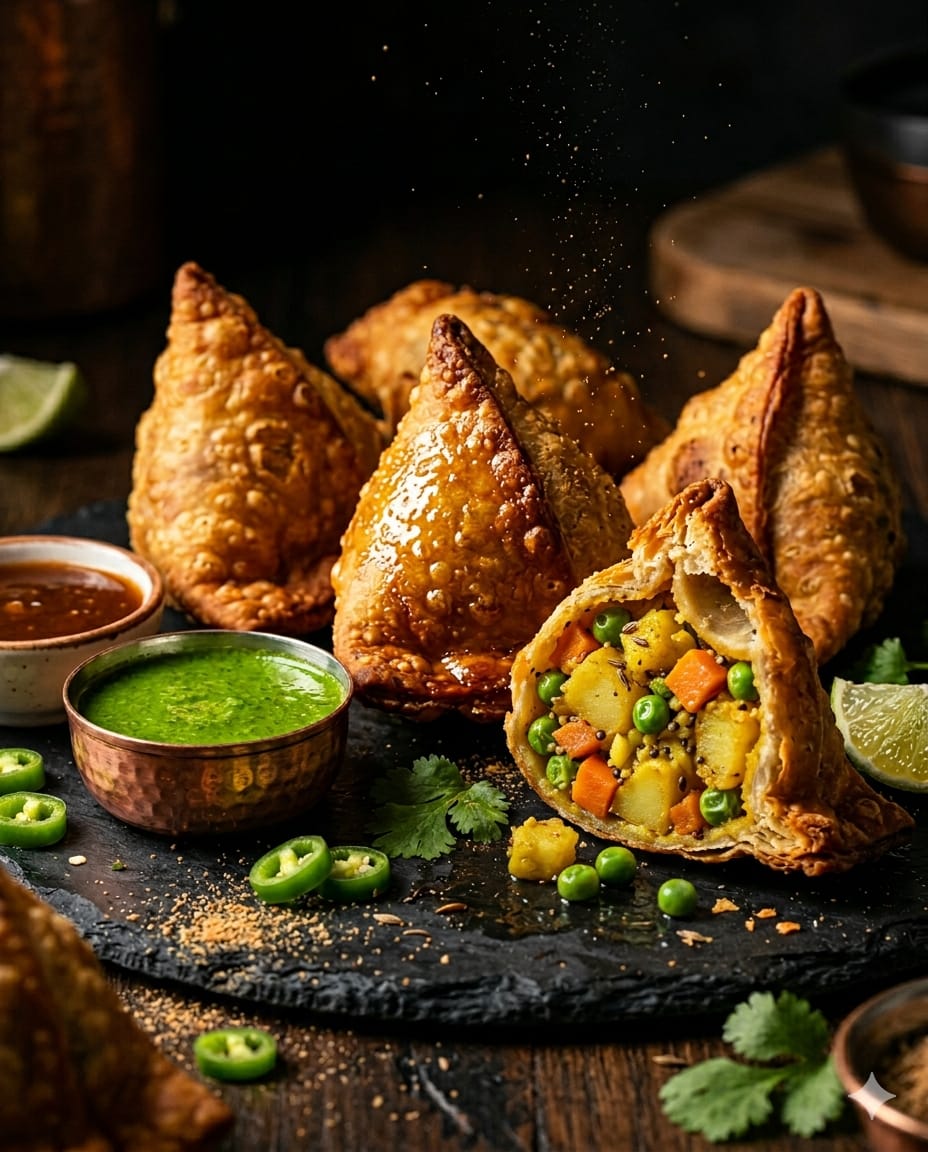 Samosas végétariens croustillants, pommes de terre et épices, spécialité indienne Nimara à Genève